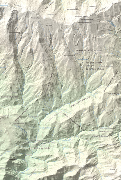 Mapa de relieve de Pedró de Tubau, 1543 m, Berguedà · Ripollès, lámina 100 Cims de Trobart. Detalle de la zona inferior derecha. 61 × 91 cm.