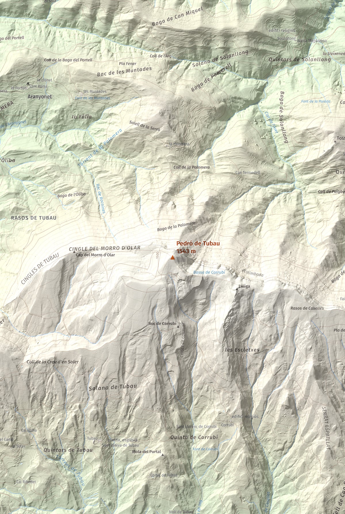 Mapa de relieve de Pedró de Tubau, 1543 m, Berguedà · Ripollès, lámina 100 Cims de Trobart. Detalle de la zona central. 61 × 91 cm.