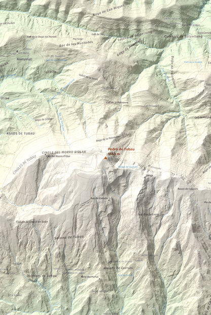 Mapa de relieve de Pedró de Tubau, 1543 m, Berguedà · Ripollès, lámina 100 Cims de Trobart. Detalle de la zona central. 61 × 91 cm.