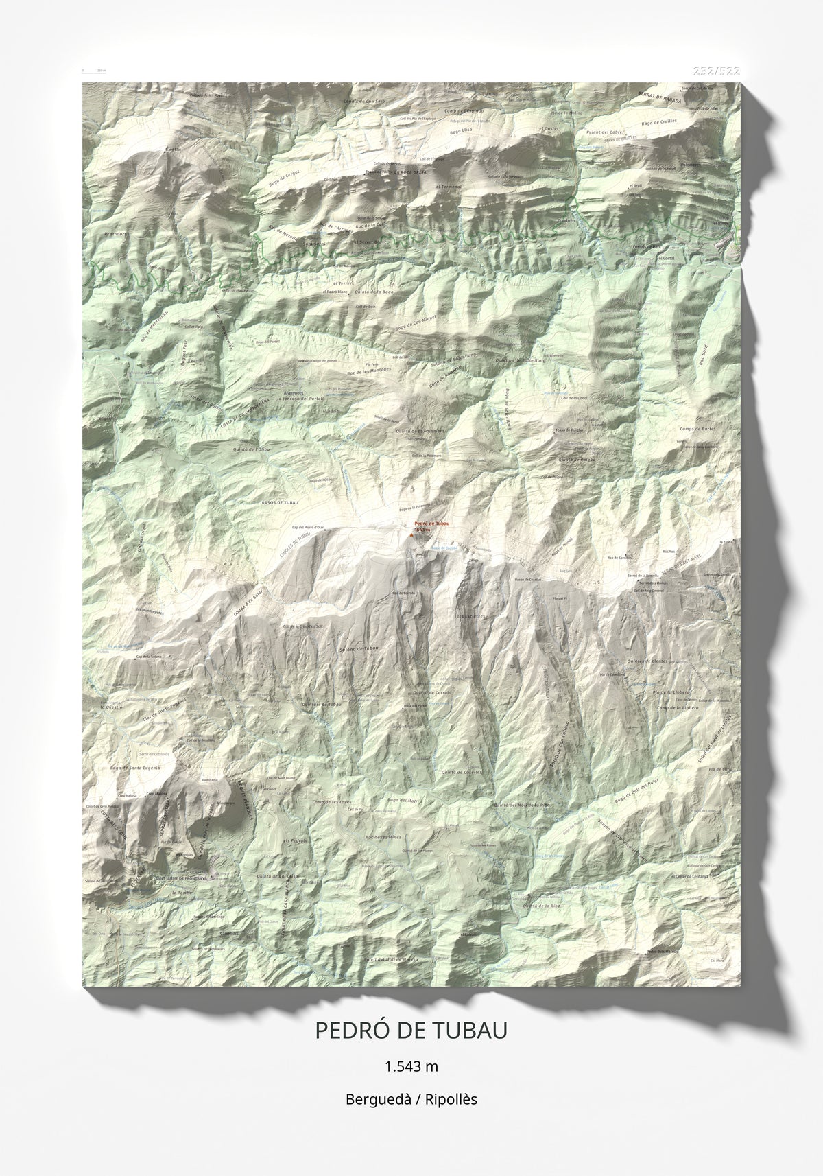 Mapa de relieve de Pedró de Tubau, 1543 m, Berguedà · Ripollès, lámina 100 Cims de Trobart 70 × 100 cm.