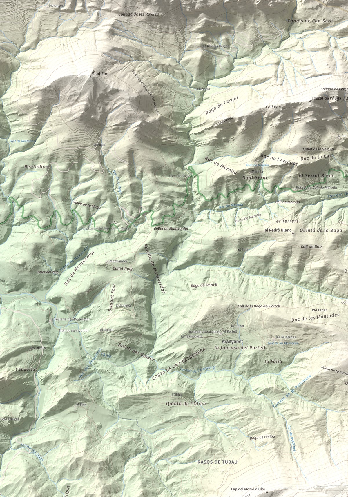 Mapa de relieve de Pedró de Tubau, 1543 m, Berguedà · Ripollès, lámina 100 Cims de Trobart. Detalle de la zona superior izquierda. 70 × 100 cm.