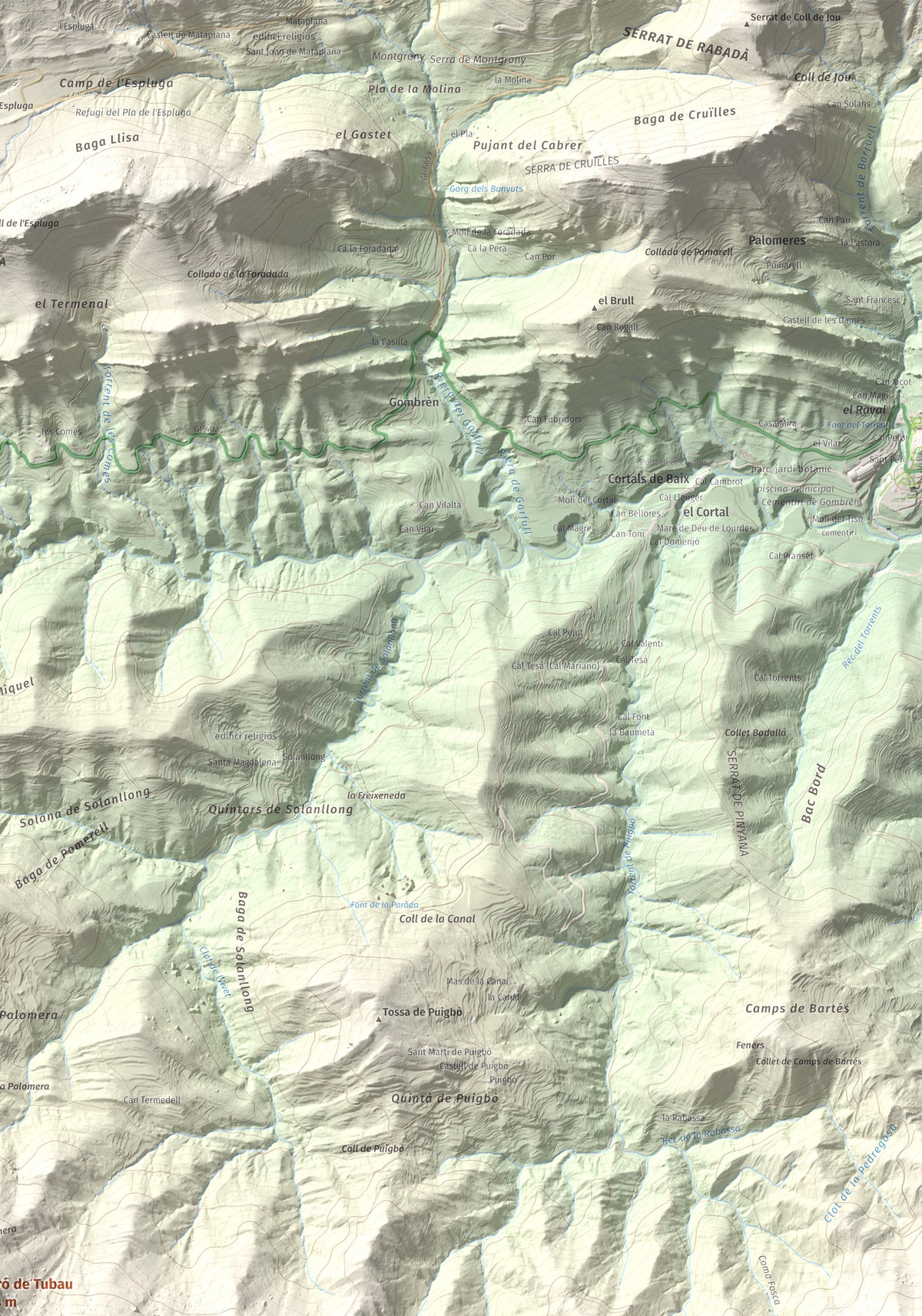 Mapa de relieve de Pedró de Tubau, 1543 m, Berguedà · Ripollès, lámina 100 Cims de Trobart. Detalle de la zona superior derecha. 70 × 100 cm.