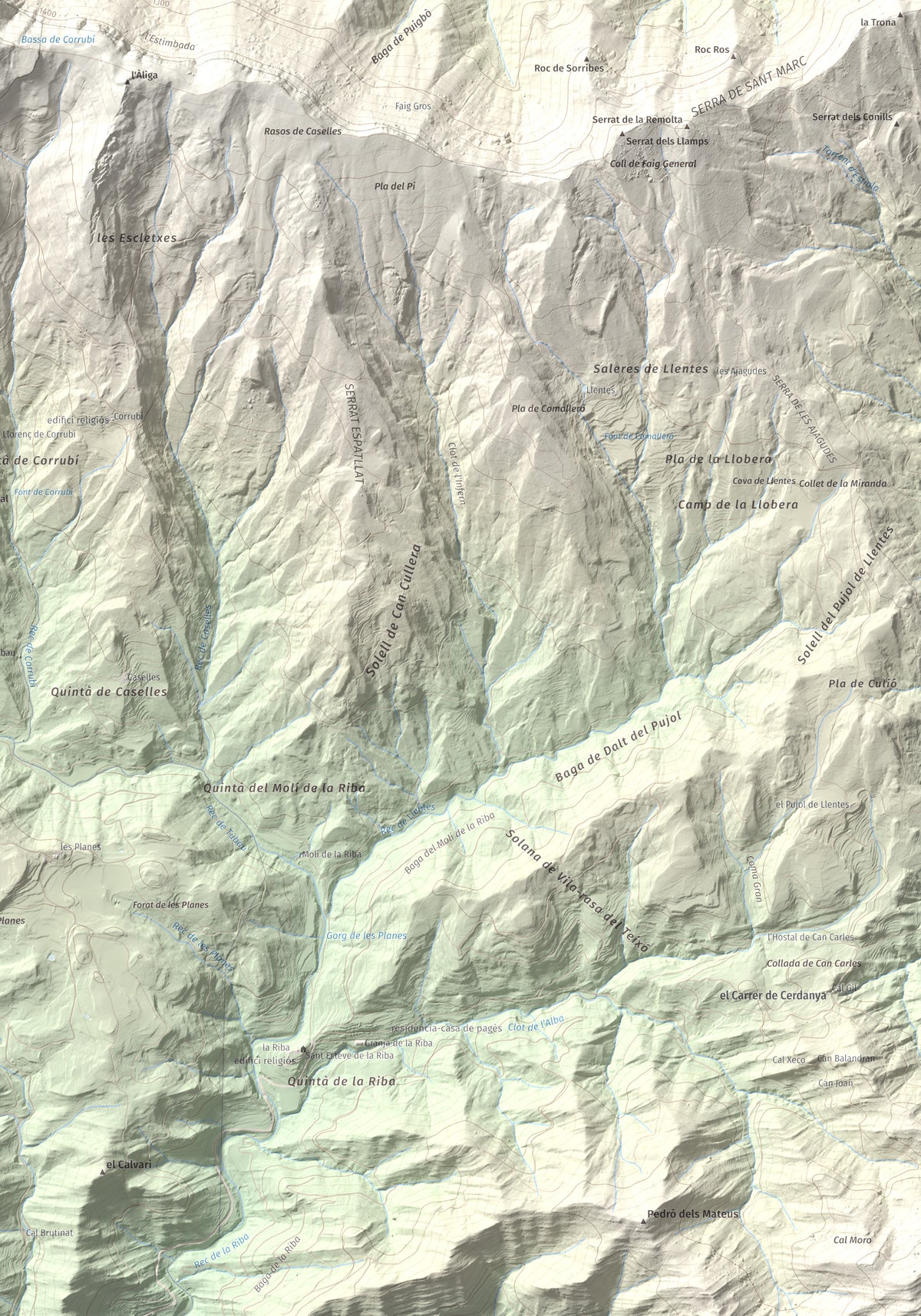 Mapa de relieve de Pedró de Tubau, 1543 m, Berguedà · Ripollès, lámina 100 Cims de Trobart. Detalle de la zona inferior derecha. 70 × 100 cm.