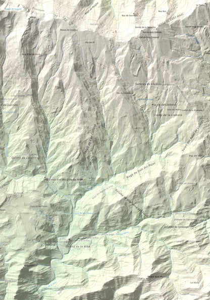 Mapa de relieve de Pedró de Tubau, 1543 m, Berguedà · Ripollès, lámina 100 Cims de Trobart. Detalle de la zona inferior derecha. 70 × 100 cm.