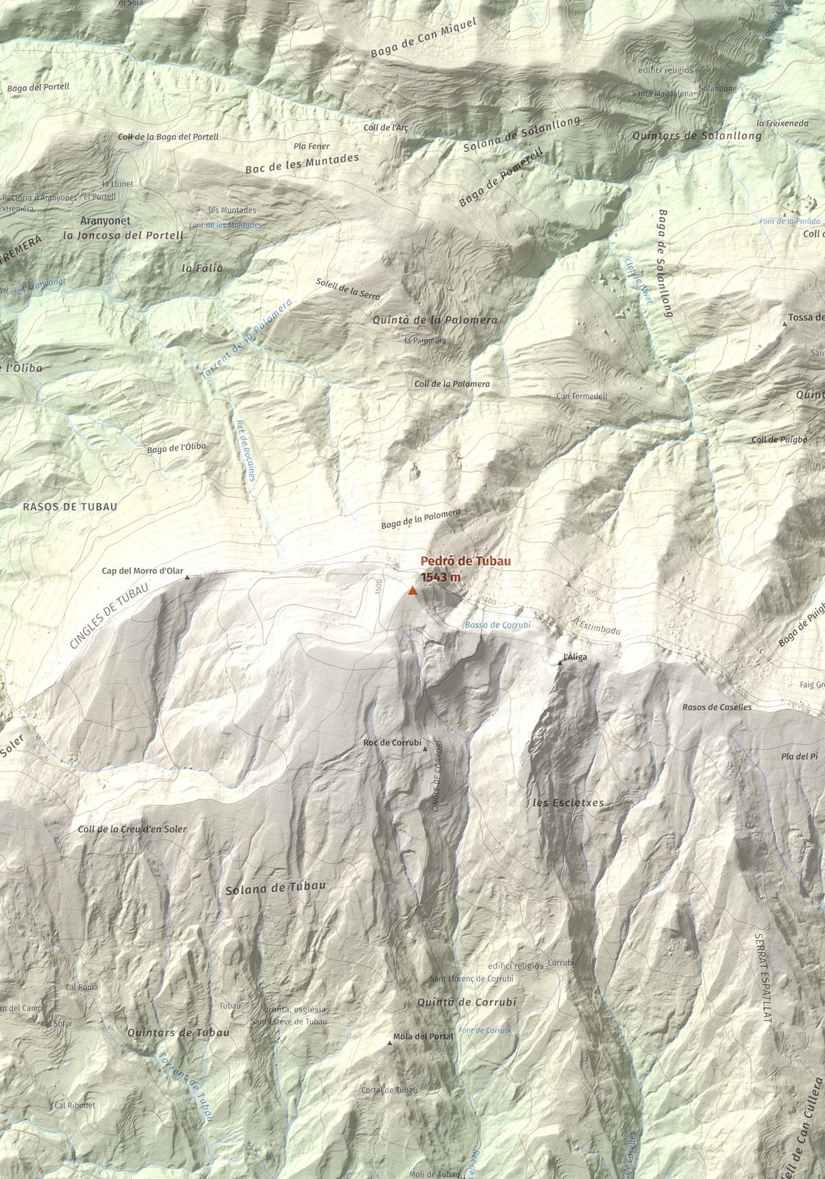 Mapa de relieve de Pedró de Tubau, 1543 m, Berguedà · Ripollès, lámina 100 Cims de Trobart. Detalle de la zona central. 70 × 100 cm.