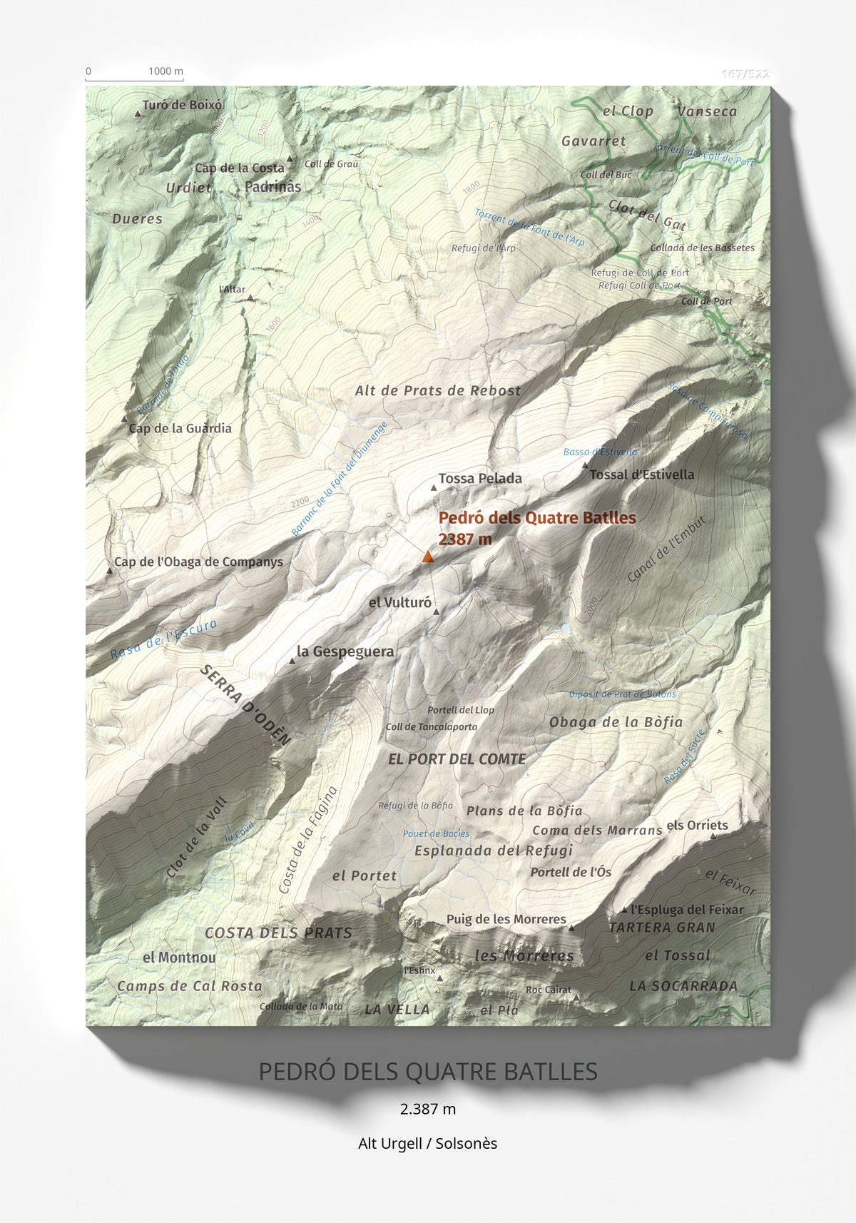 Mapa de relieve de Pedró dels Quatre Batlles, 2387 m, Alt Urgell · Solsonès, lámina 100 Cims de Trobart 21 × 30 cm.