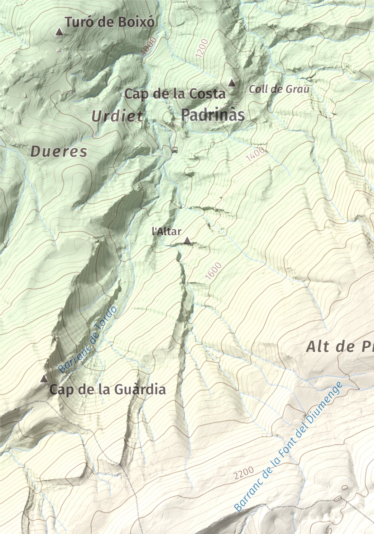Mapa de relieve de Pedró dels Quatre Batlles, 2387 m, Alt Urgell · Solsonès, lámina 100 Cims de Trobart. Detalle de la zona superior izquierda. 21 × 30 cm.