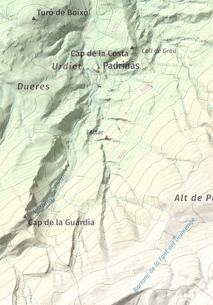 Mapa de relieve de Pedró dels Quatre Batlles, 2387 m, Alt Urgell · Solsonès, lámina 100 Cims de Trobart. Detalle de la zona superior izquierda. 21 × 30 cm.