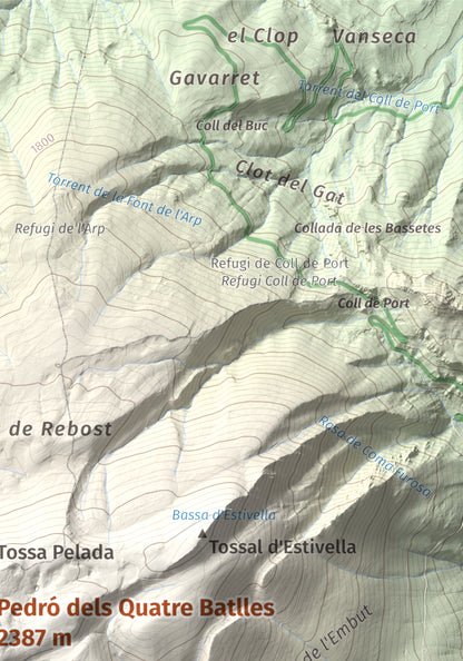 Mapa de relieve de Pedró dels Quatre Batlles, 2387 m, Alt Urgell · Solsonès, lámina 100 Cims de Trobart. Detalle de la zona superior derecha. 21 × 30 cm.