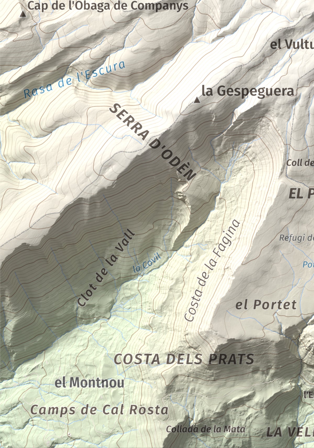 Mapa de relieve de Pedró dels Quatre Batlles, 2387 m, Alt Urgell · Solsonès, lámina 100 Cims de Trobart. Detalle de la zona inferior izquierda. 21 × 30 cm.