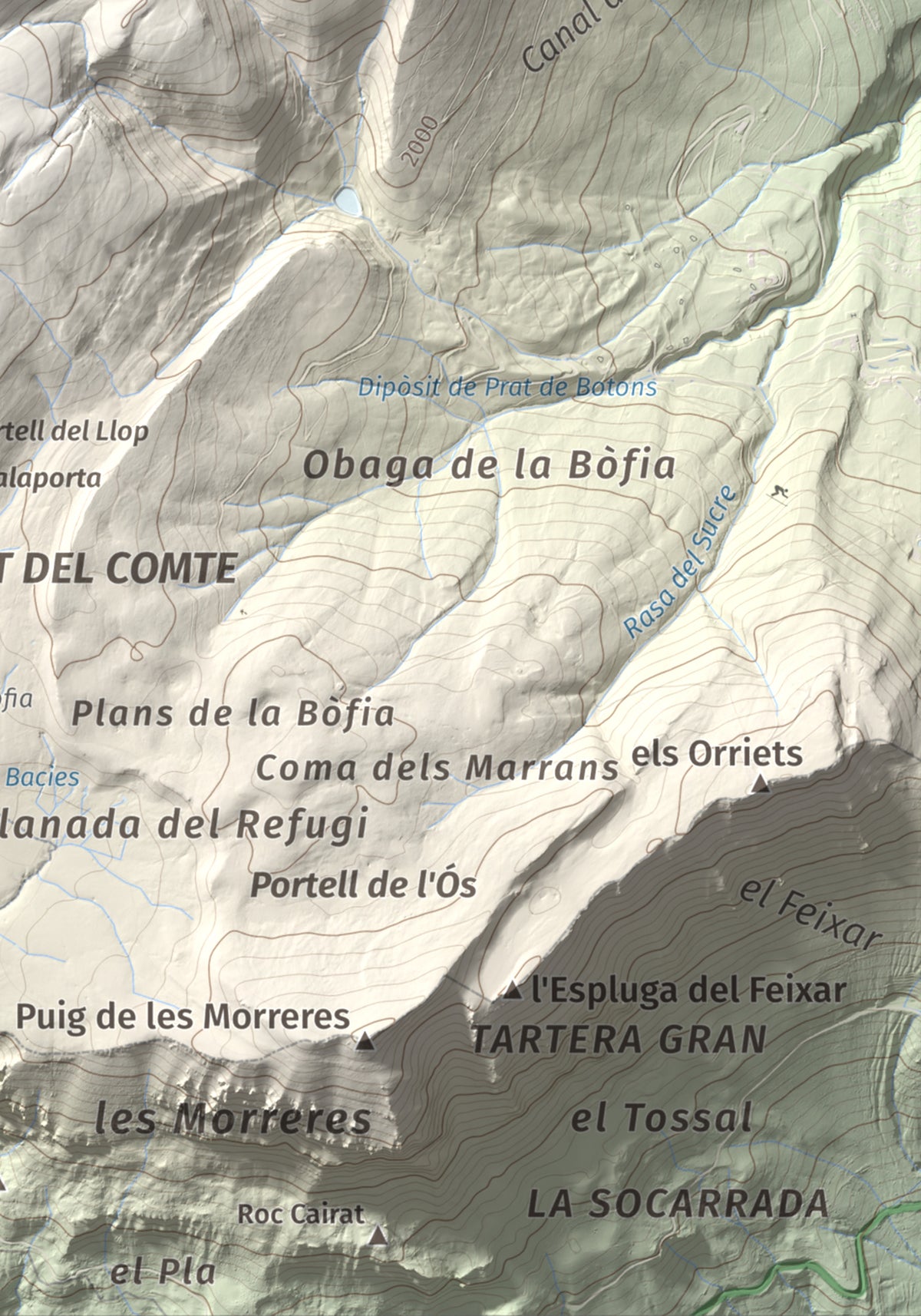 Mapa de relieve de Pedró dels Quatre Batlles, 2387 m, Alt Urgell · Solsonès, lámina 100 Cims de Trobart. Detalle de la zona inferior derecha. 21 × 30 cm.