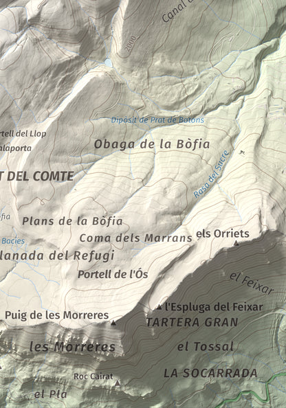 Mapa de relieve de Pedró dels Quatre Batlles, 2387 m, Alt Urgell · Solsonès, lámina 100 Cims de Trobart. Detalle de la zona inferior derecha. 21 × 30 cm.