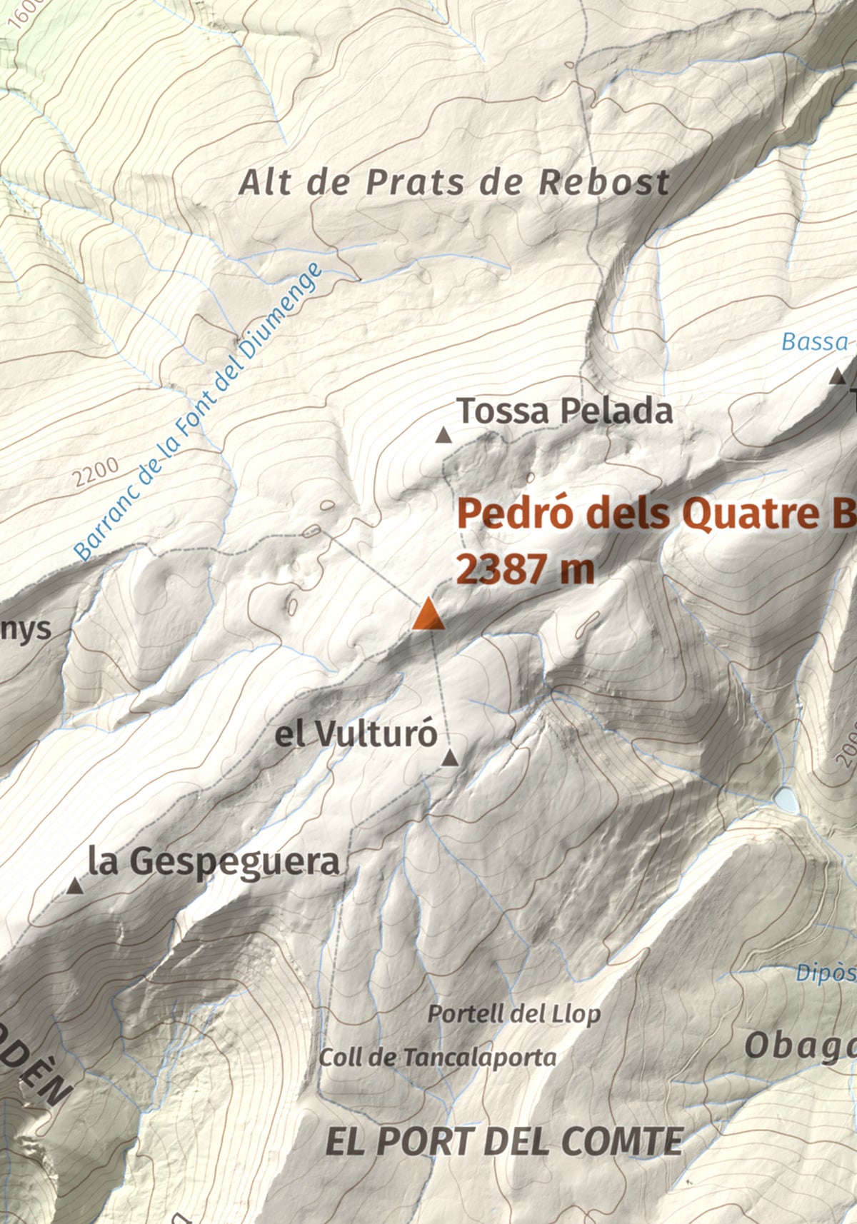 Mapa de relieve de Pedró dels Quatre Batlles, 2387 m, Alt Urgell · Solsonès, lámina 100 Cims de Trobart. Detalle de la zona central. 21 × 30 cm.