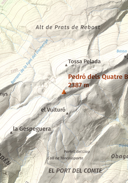 Mapa de relieve de Pedró dels Quatre Batlles, 2387 m, Alt Urgell · Solsonès, lámina 100 Cims de Trobart. Detalle de la zona central. 21 × 30 cm.