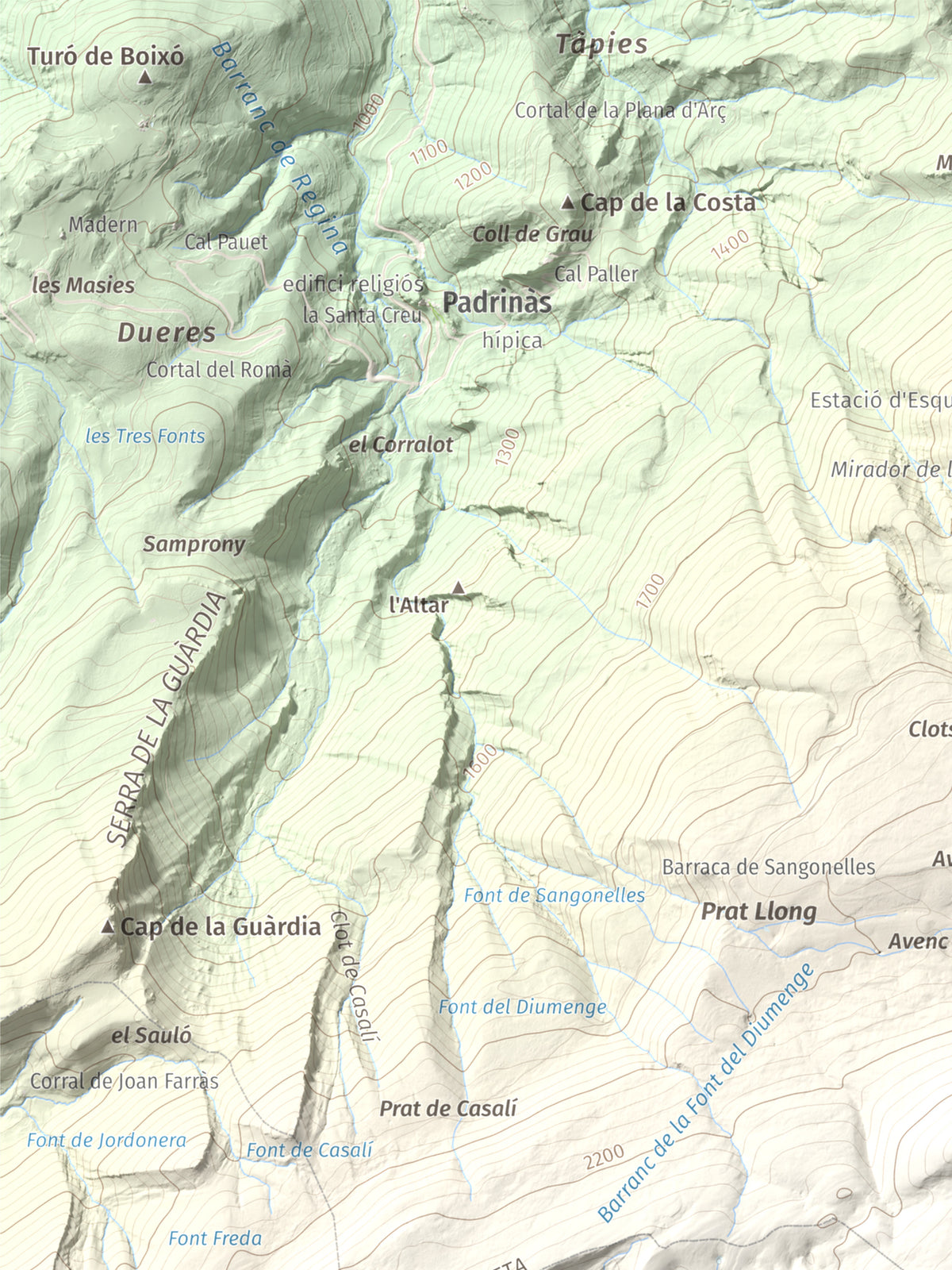 Mapa de relieve de Pedró dels Quatre Batlles, 2387 m, Alt Urgell · Solsonès, lámina 100 Cims de Trobart. Detalle de la zona superior izquierda. 30 × 40 cm.