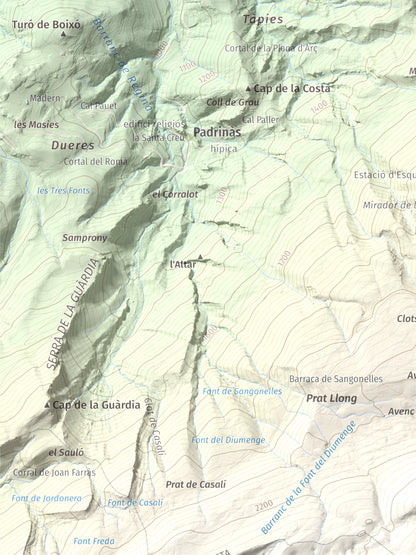 Mapa de relieve de Pedró dels Quatre Batlles, 2387 m, Alt Urgell · Solsonès, lámina 100 Cims de Trobart. Detalle de la zona superior izquierda. 30 × 40 cm.