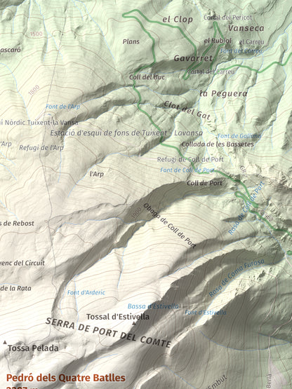 Mapa de relieve de Pedró dels Quatre Batlles, 2387 m, Alt Urgell · Solsonès, lámina 100 Cims de Trobart. Detalle de la zona superior derecha. 30 × 40 cm.
