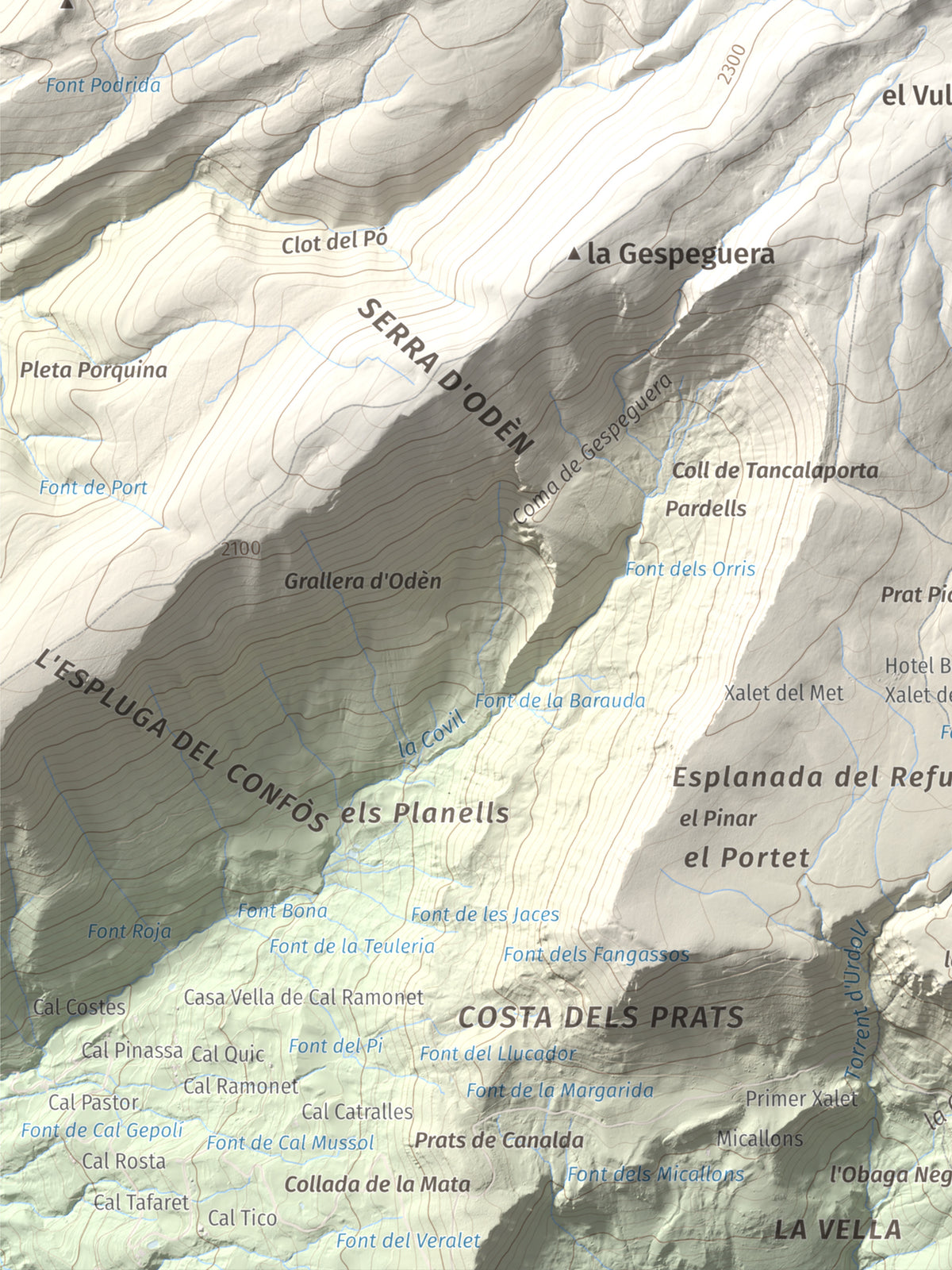 Mapa de relieve de Pedró dels Quatre Batlles, 2387 m, Alt Urgell · Solsonès, lámina 100 Cims de Trobart. Detalle de la zona inferior izquierda. 30 × 40 cm.