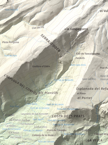 Mapa de relieve de Pedró dels Quatre Batlles, 2387 m, Alt Urgell · Solsonès, lámina 100 Cims de Trobart. Detalle de la zona inferior izquierda. 30 × 40 cm.