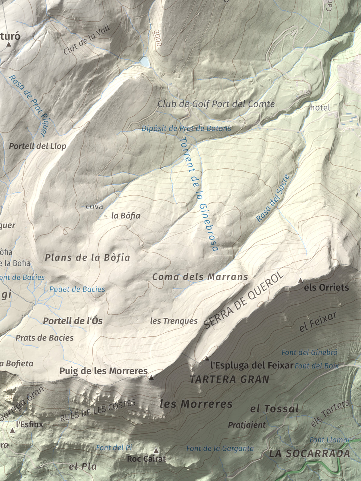 Mapa de relieve de Pedró dels Quatre Batlles, 2387 m, Alt Urgell · Solsonès, lámina 100 Cims de Trobart. Detalle de la zona inferior derecha. 30 × 40 cm.