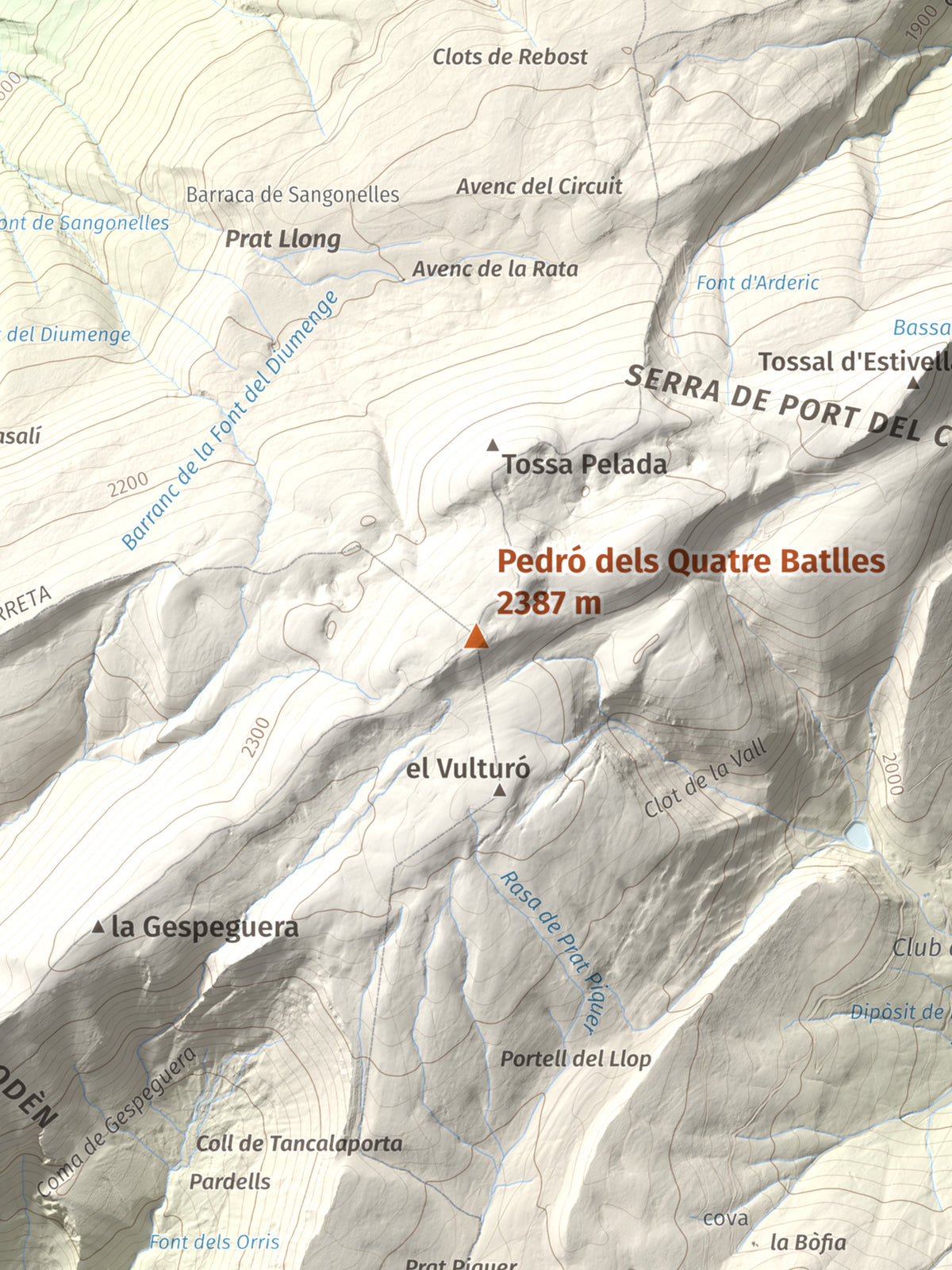 Mapa de relieve de Pedró dels Quatre Batlles, 2387 m, Alt Urgell · Solsonès, lámina 100 Cims de Trobart. Detalle de la zona central. 30 × 40 cm.