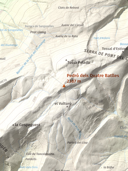 Mapa de relieve de Pedró dels Quatre Batlles, 2387 m, Alt Urgell · Solsonès, lámina 100 Cims de Trobart. Detalle de la zona central. 30 × 40 cm.