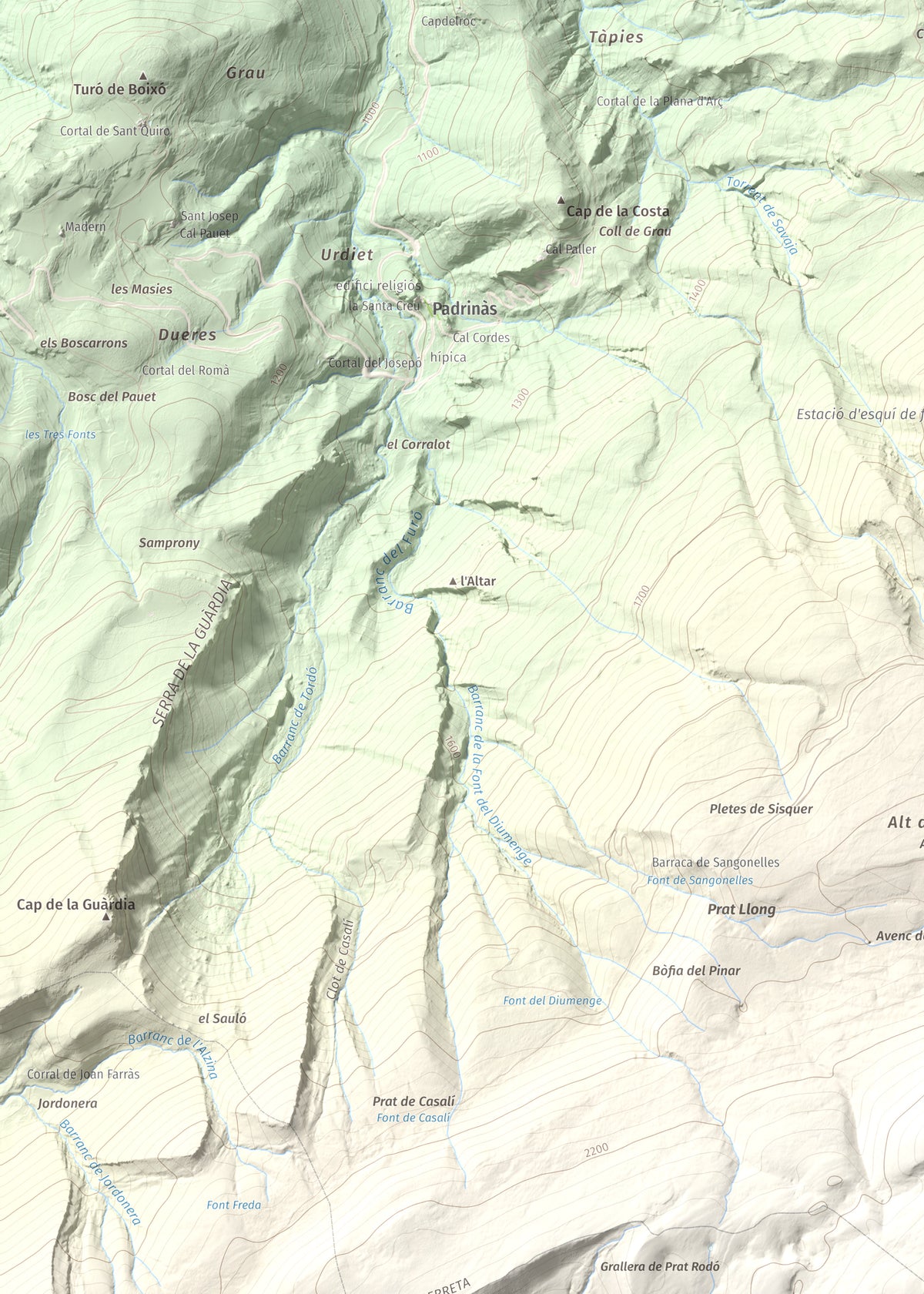 Mapa de relieve de Pedró dels Quatre Batlles, 2387 m, Alt Urgell · Solsonès, lámina 100 Cims de Trobart. Detalle de la zona superior izquierda. 50 × 70 cm.