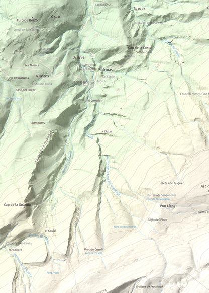 Mapa de relieve de Pedró dels Quatre Batlles, 2387 m, Alt Urgell · Solsonès, lámina 100 Cims de Trobart. Detalle de la zona superior izquierda. 50 × 70 cm.