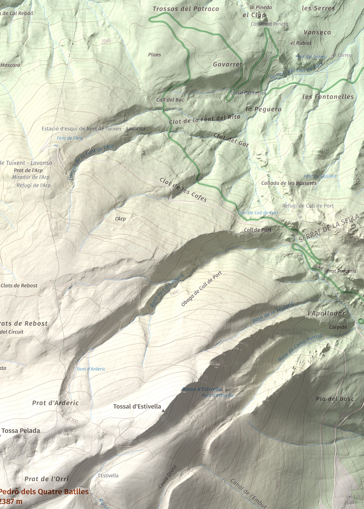 Mapa de relieve de Pedró dels Quatre Batlles, 2387 m, Alt Urgell · Solsonès, lámina 100 Cims de Trobart. Detalle de la zona superior derecha. 50 × 70 cm.