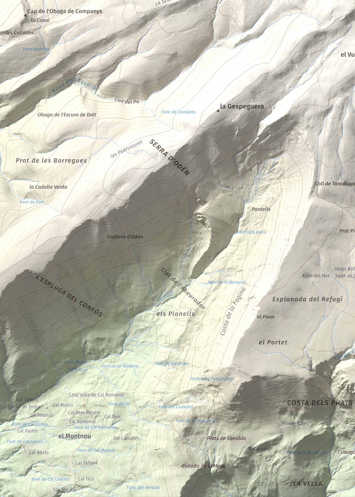 Mapa de relieve de Pedró dels Quatre Batlles, 2387 m, Alt Urgell · Solsonès, lámina 100 Cims de Trobart. Detalle de la zona inferior izquierda. 50 × 70 cm.