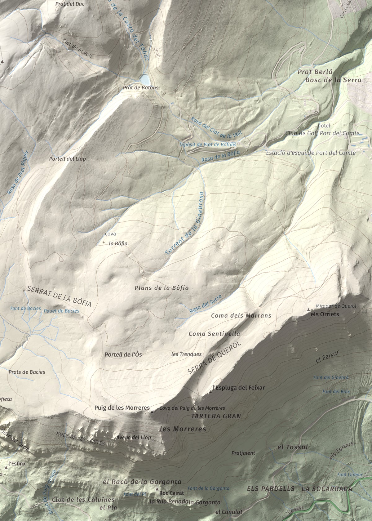 Mapa de relieve de Pedró dels Quatre Batlles, 2387 m, Alt Urgell · Solsonès, lámina 100 Cims de Trobart. Detalle de la zona inferior derecha. 50 × 70 cm.