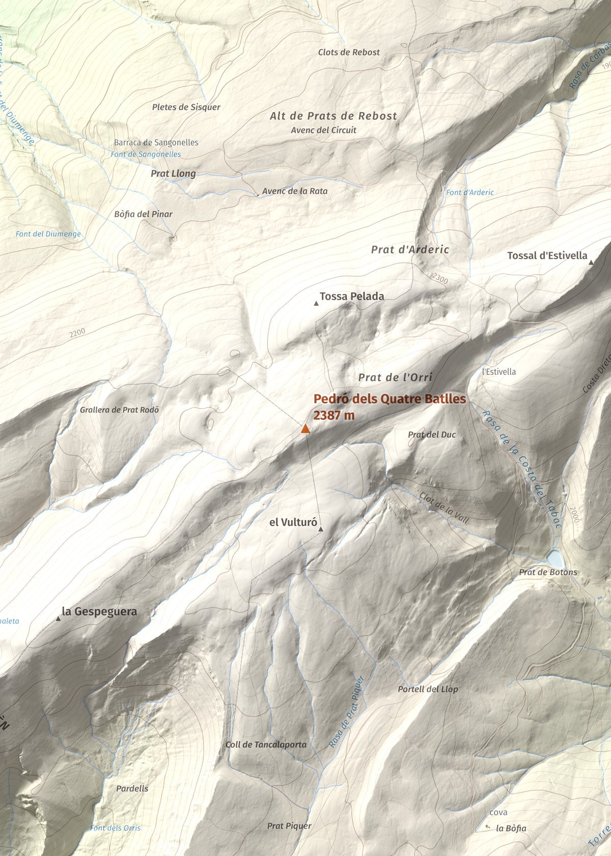 Mapa de relieve de Pedró dels Quatre Batlles, 2387 m, Alt Urgell · Solsonès, lámina 100 Cims de Trobart. Detalle de la zona central. 50 × 70 cm.