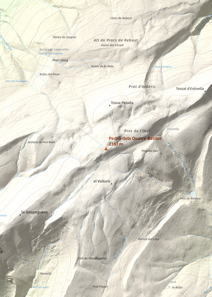 Mapa de relieve de Pedró dels Quatre Batlles, 2387 m, Alt Urgell · Solsonès, lámina 100 Cims de Trobart. Detalle de la zona central. 50 × 70 cm.