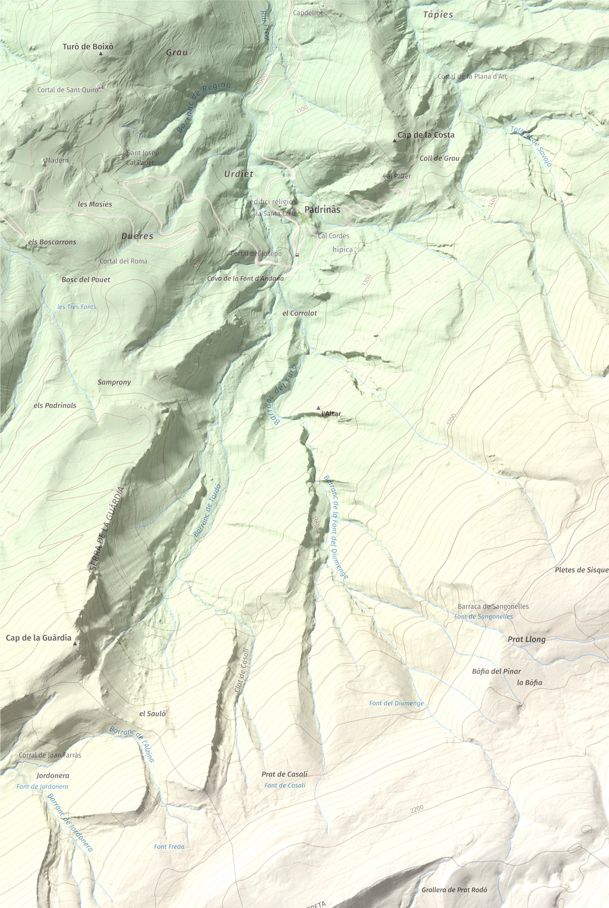 Mapa de relieve de Pedró dels Quatre Batlles, 2387 m, Alt Urgell · Solsonès, lámina 100 Cims de Trobart. Detalle de la zona superior izquierda. 61 × 91 cm.