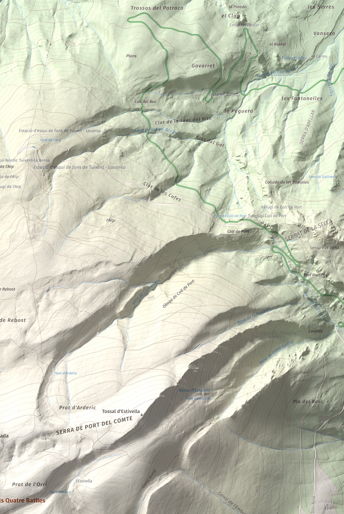 Mapa de relieve de Pedró dels Quatre Batlles, 2387 m, Alt Urgell · Solsonès, lámina 100 Cims de Trobart. Detalle de la zona superior derecha. 61 × 91 cm.