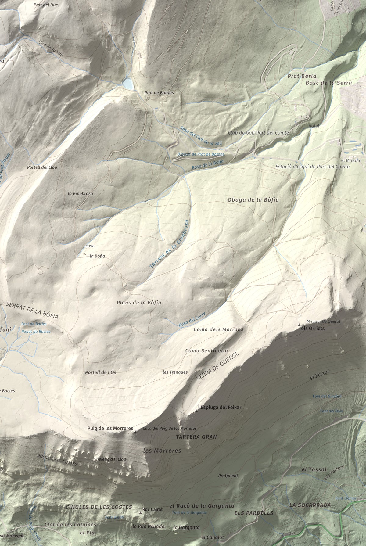 Mapa de relieve de Pedró dels Quatre Batlles, 2387 m, Alt Urgell · Solsonès, lámina 100 Cims de Trobart. Detalle de la zona inferior derecha. 61 × 91 cm.