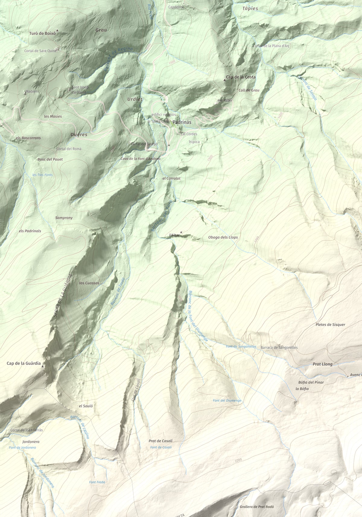 Mapa de relieve de Pedró dels Quatre Batlles, 2387 m, Alt Urgell · Solsonès, lámina 100 Cims de Trobart. Detalle de la zona superior izquierda. 70 × 100 cm.