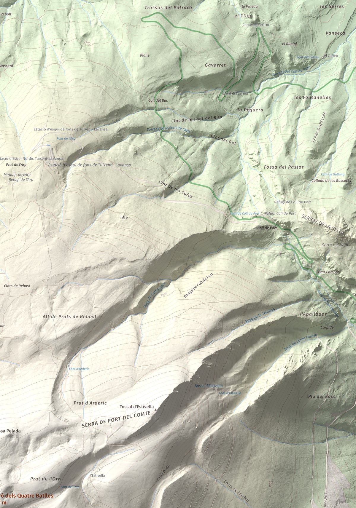 Mapa de relieve de Pedró dels Quatre Batlles, 2387 m, Alt Urgell · Solsonès, lámina 100 Cims de Trobart. Detalle de la zona superior derecha. 70 × 100 cm.
