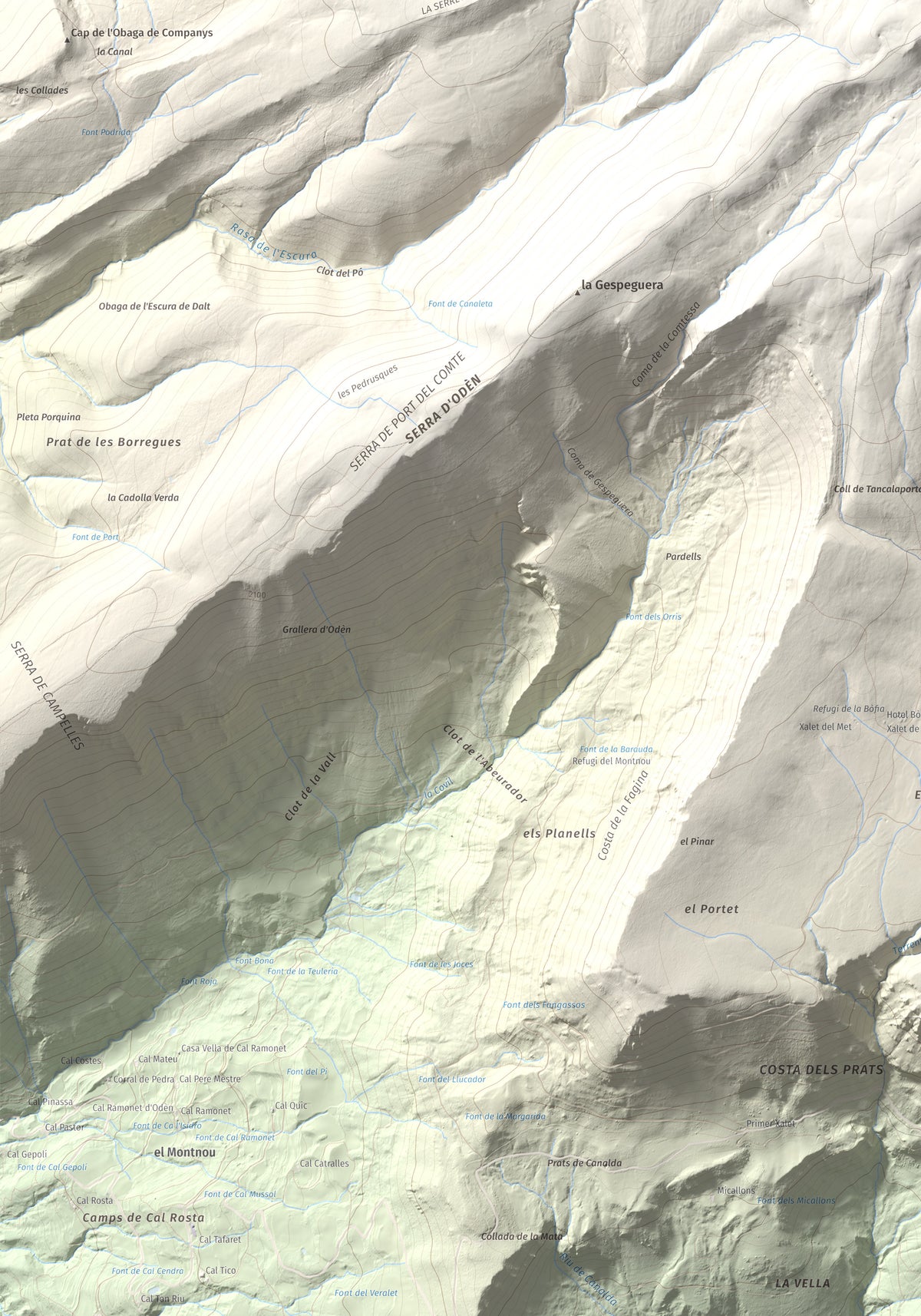 Mapa de relieve de Pedró dels Quatre Batlles, 2387 m, Alt Urgell · Solsonès, lámina 100 Cims de Trobart. Detalle de la zona inferior izquierda. 70 × 100 cm.