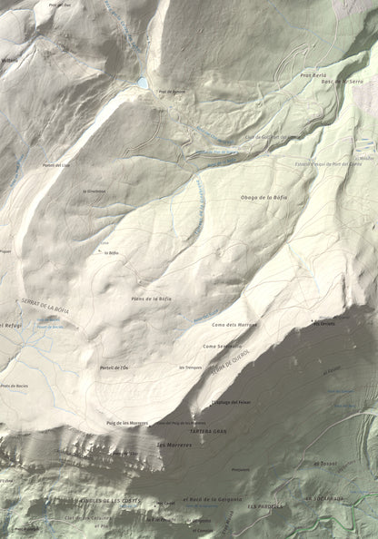 Mapa de relieve de Pedró dels Quatre Batlles, 2387 m, Alt Urgell · Solsonès, lámina 100 Cims de Trobart. Detalle de la zona inferior derecha. 70 × 100 cm.