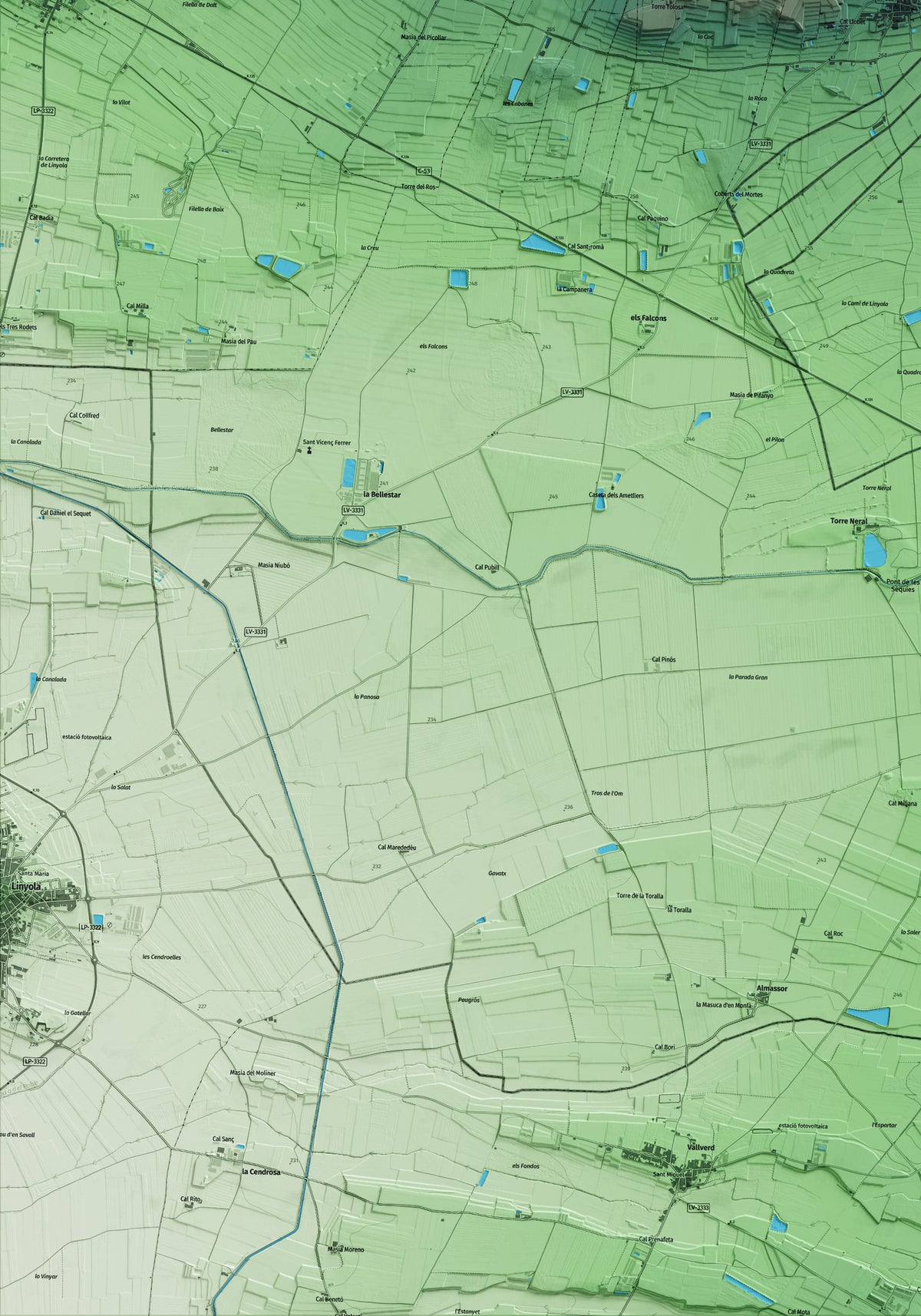 Mapa artístico del relieve de Penelles, a la Noguera, con 15 km de entorno y base topográfica ICGC. Detalle de la zona inferior izquierda.