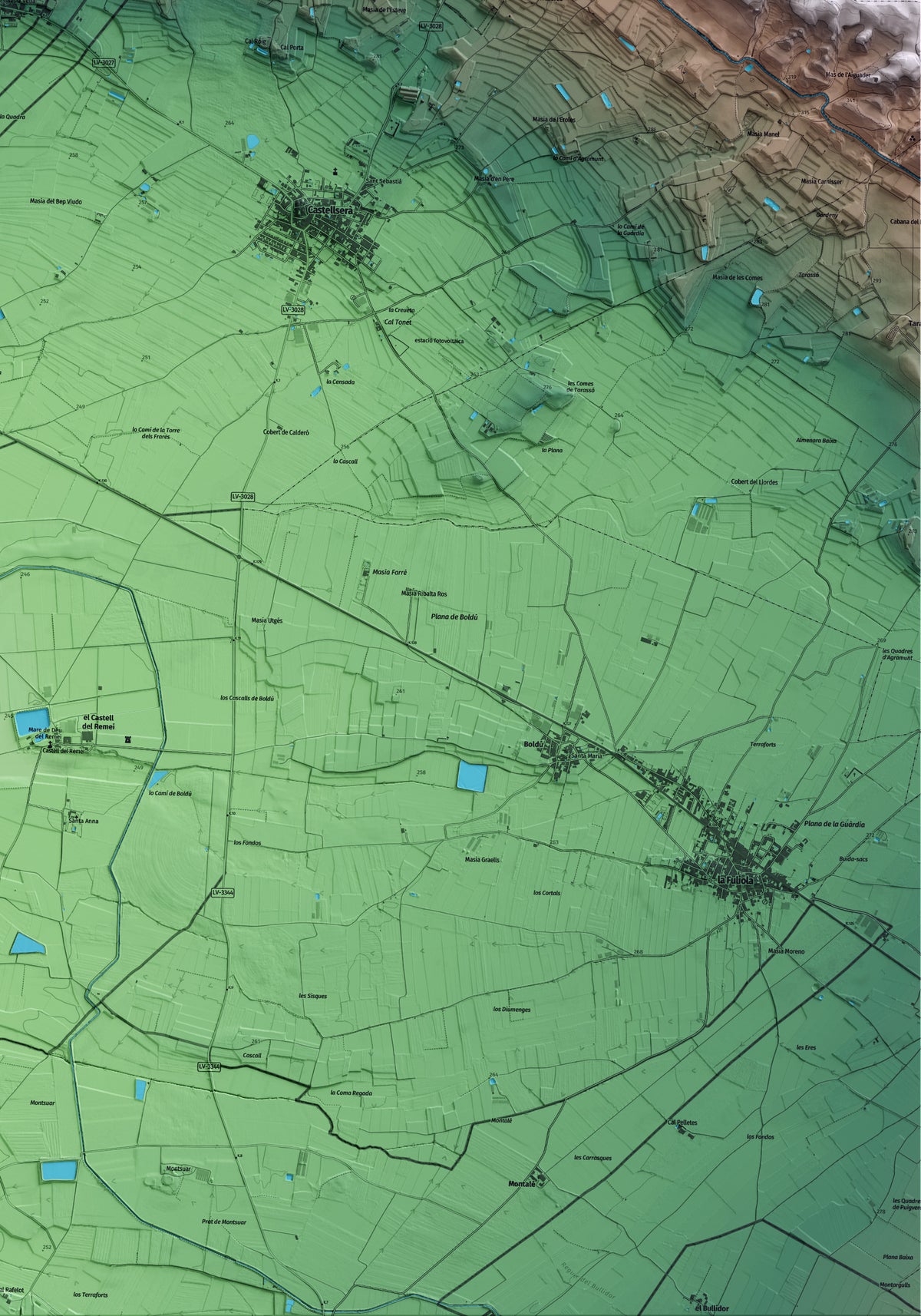 Mapa artístico del relieve de Penelles, a la Noguera, con 15 km de entorno y base topográfica ICGC. Detalle de la zona inferior derecha.