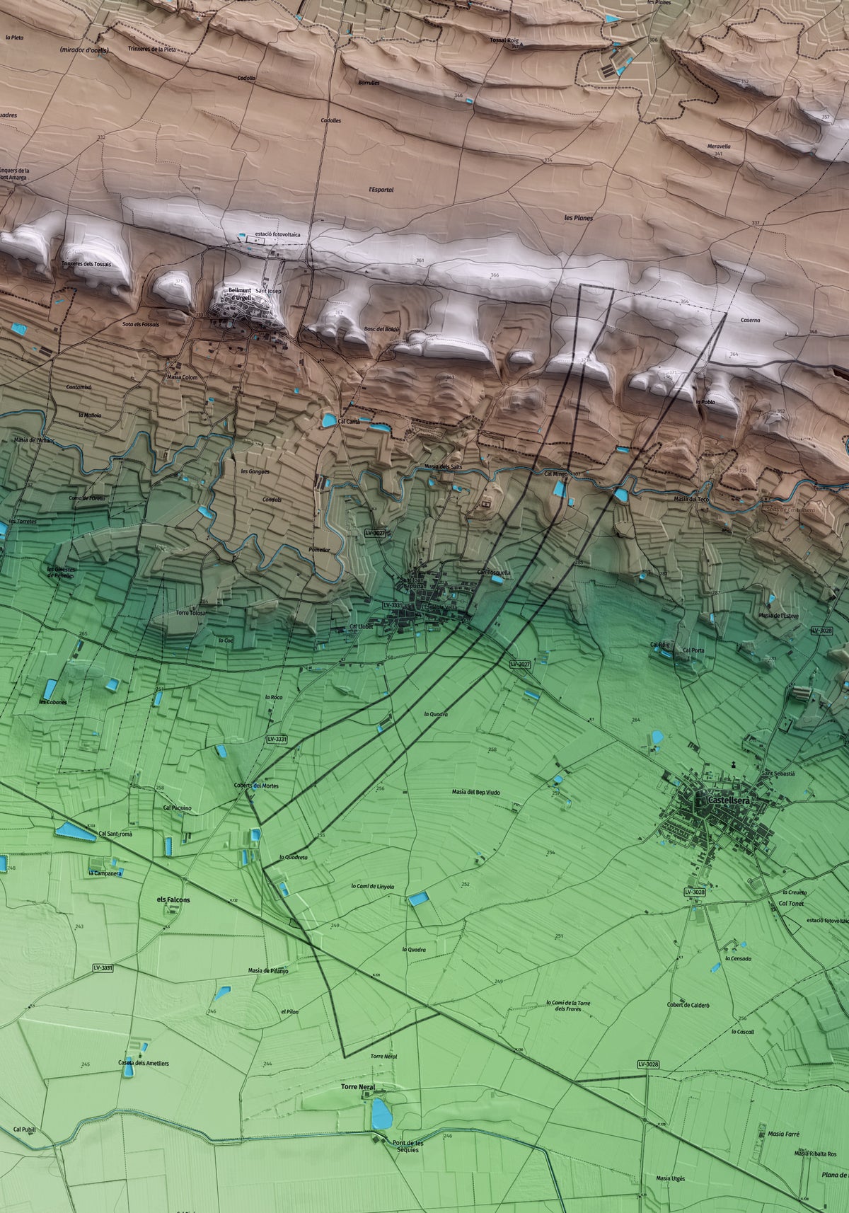 Mapa artístico del relieve de Penelles, a la Noguera, con 15 km de entorno y base topográfica ICGC. Detalle de la zona central.