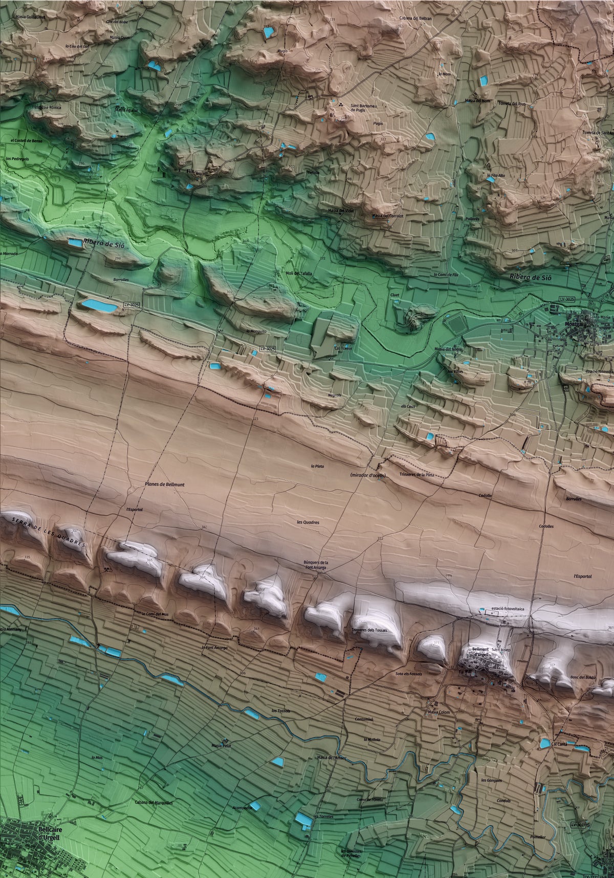 Mapa artístico del relieve de Penelles, a la Noguera, con 15 km de entorno y base topográfica ICGC. Detalle de la zona superior izquierda.
