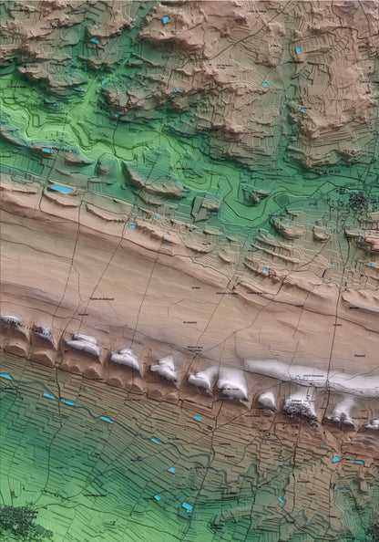 Mapa artístico del relieve de Penelles, a la Noguera, con 15 km de entorno y base topográfica ICGC. Detalle de la zona superior izquierda.