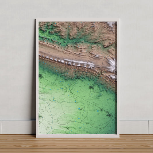 Mapa artístico del relieve de Penelles, a la Noguera, con 15 km de entorno y base topográfica ICGC. Presentación enmarcada.