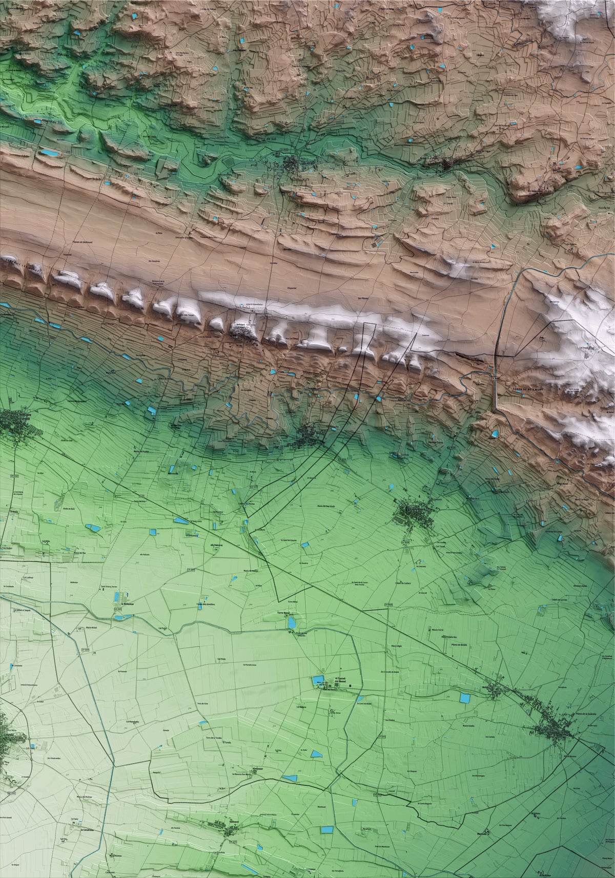 Mapa artístico del relieve de Penelles, a la Noguera, con 15 km de entorno y base topográfica ICGC
