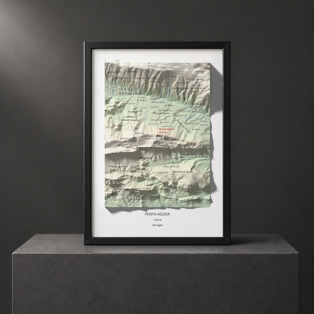 Mapa de relieve de Penya Aguda, 1523 m, Alt Urgell, lámina 100 Cims de Trobart. Presentación enmarcada. 21 × 30 cm.