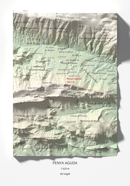 Mapa de relieve de Penya Aguda, 1523 m, Alt Urgell, lámina 100 Cims de Trobart 21 × 30 cm.