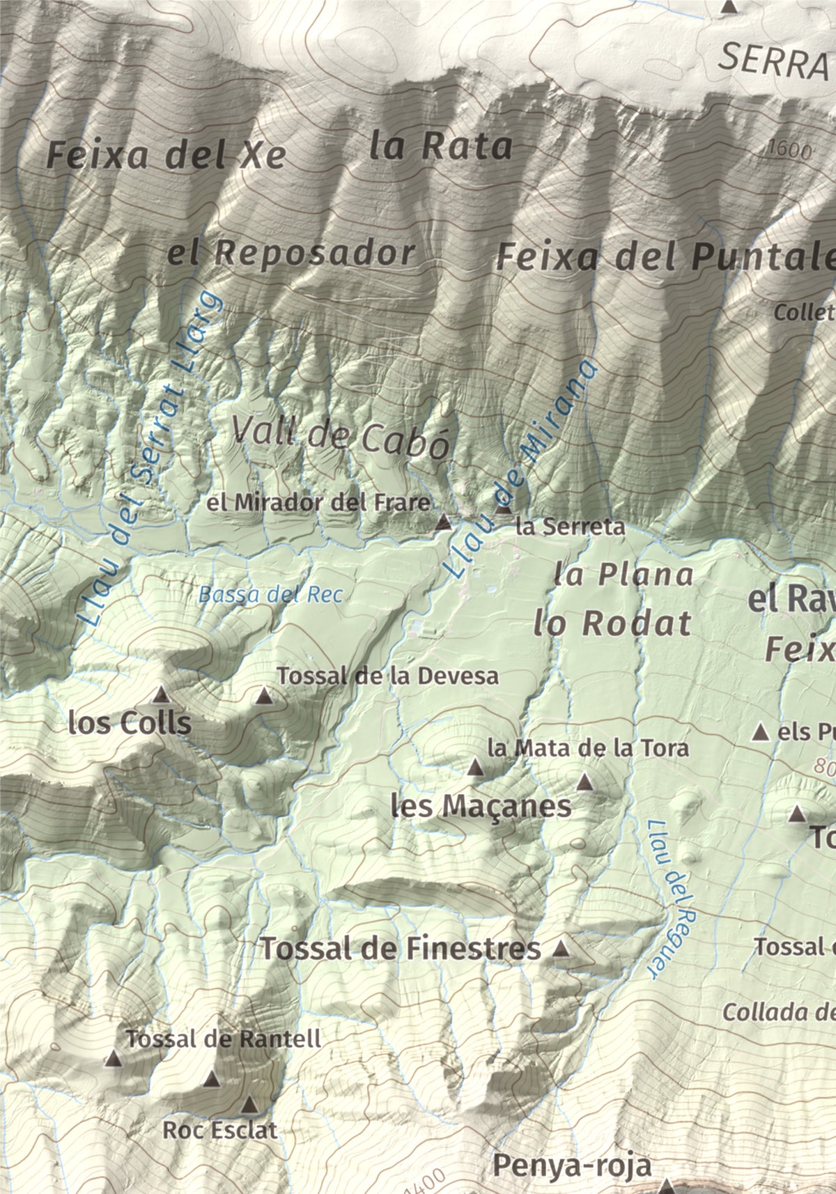 Mapa de relieve de Penya Aguda, 1523 m, Alt Urgell, lámina 100 Cims de Trobart. Detalle de la zona superior izquierda. 21 × 30 cm.